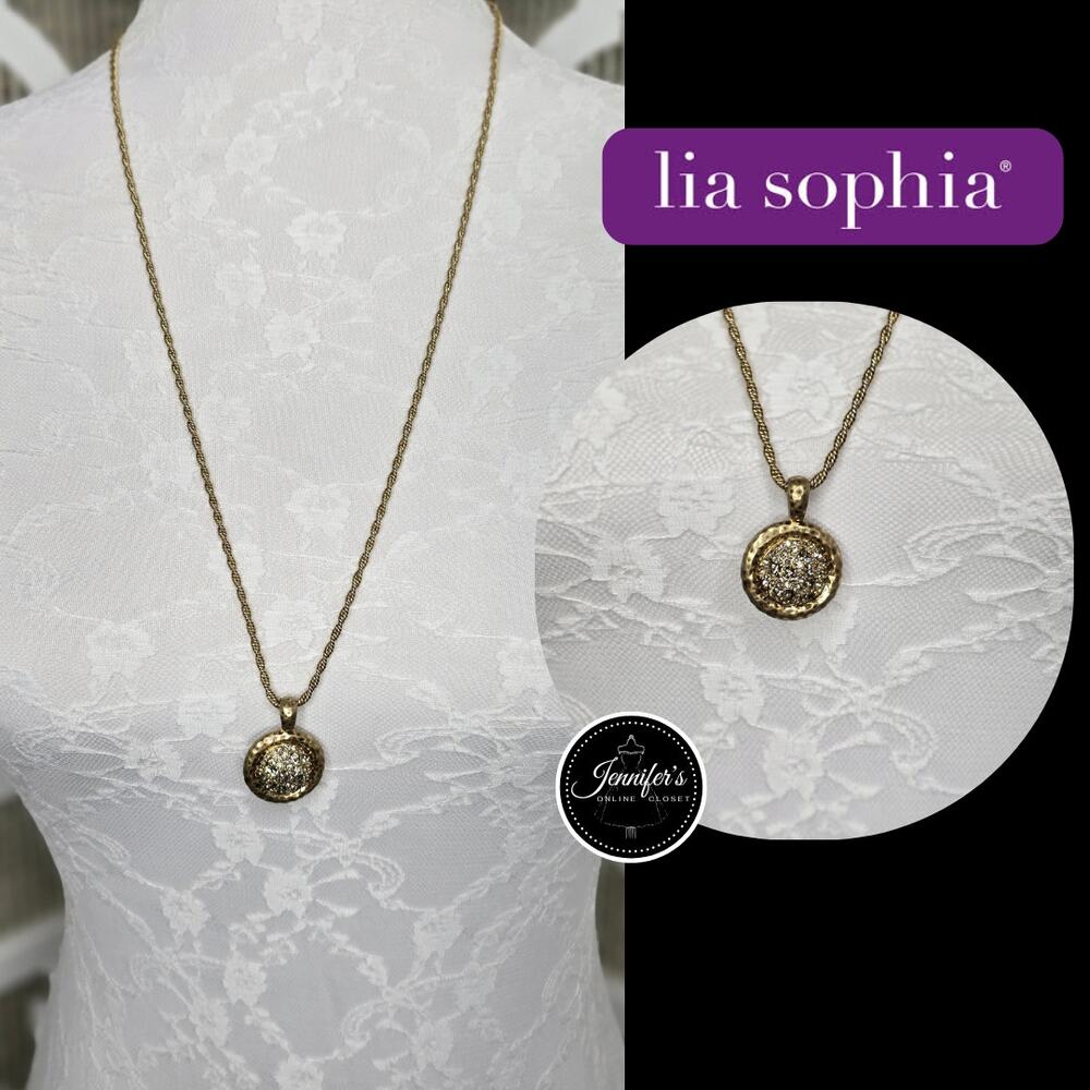 Lia Sophia "Beam" Gold Tone Hammered Diamond Cut Crystal Circle Pendant